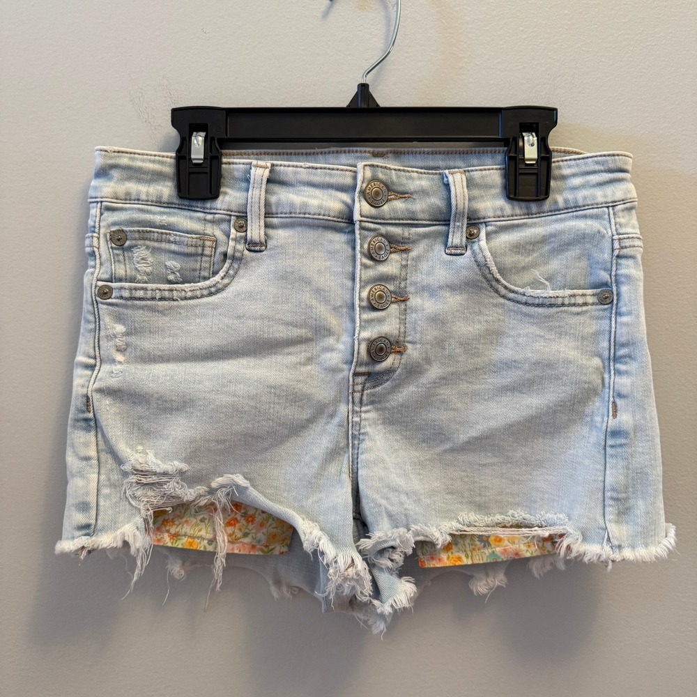 American Eagle Hi-Rise Shortie Denim Shorts Floral Pockets Size 4
